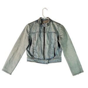 GAP Light Wash Denim Moto Jacket Cropped Zipper Collar Snap Button Size S